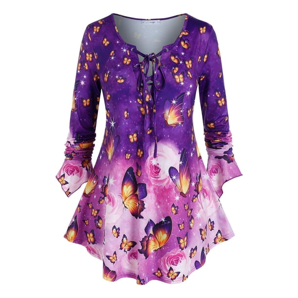 Talla grande de encaje hacia arriba con estampado de mariposa camiseta de manga de campana Rosegal Mangas largas de talla grande
