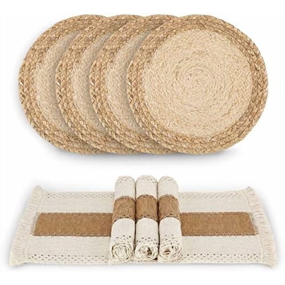 Handmade Boho Placemats Set of 4 - Natural Cotton Burlap and Water Straw Woven Combination Table Mats, Macrame Décor and Farmhouse Style Placemats, for Dining Table Kitchen