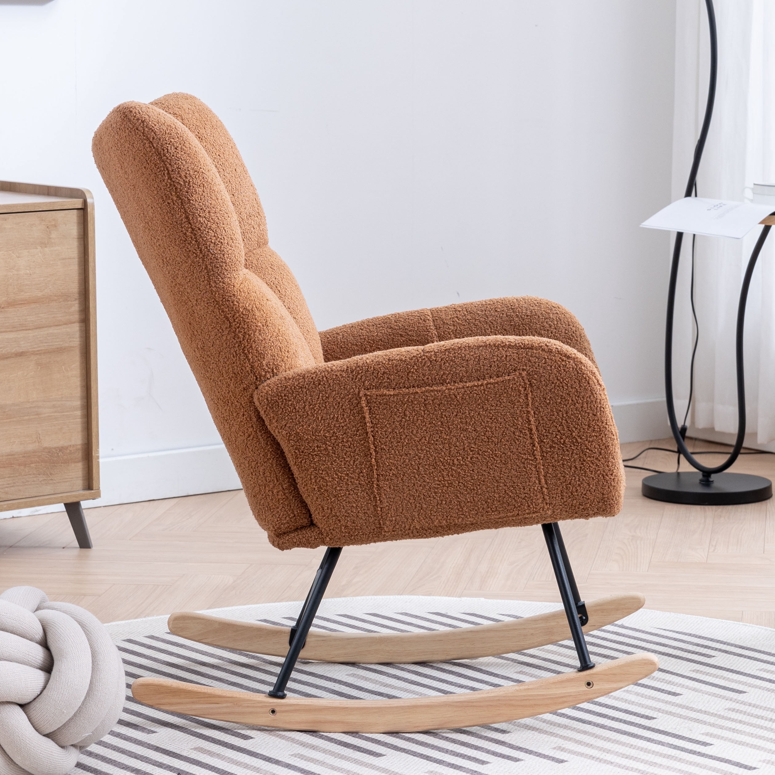 Rocking Chair Nursery,Teddy Upholstered Glider Rocker with High Backrest,Modern Rocking Accent Chairs Glider Recliner for Living Room, Nursery, Bedroom,Brown