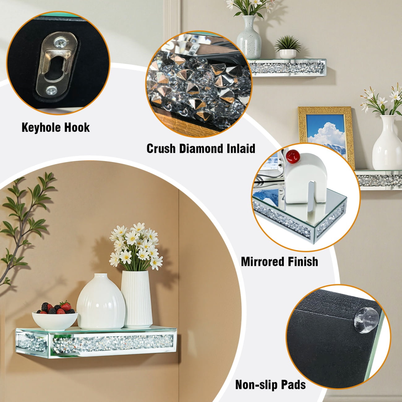 LUVODI Silver Crushed Diamond Wall Floating Shelf Luxury Mirrored Storage Shelf Home Decoration