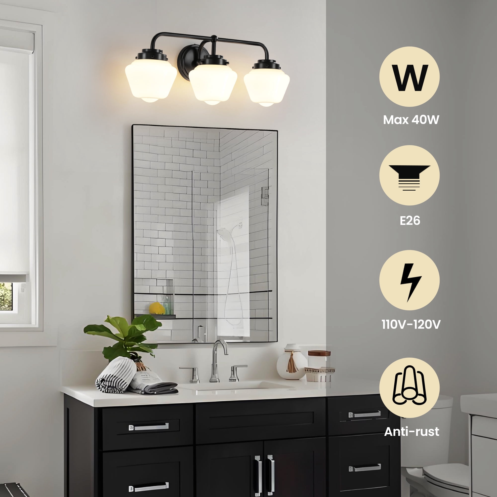 Bathroom Vanity Light Fixtures 3-Lights Gold Vanity Lights Over Mirror, E26 40W Modern Bathroom Lighting Fixture with Milky White Glass for Bath Restroom