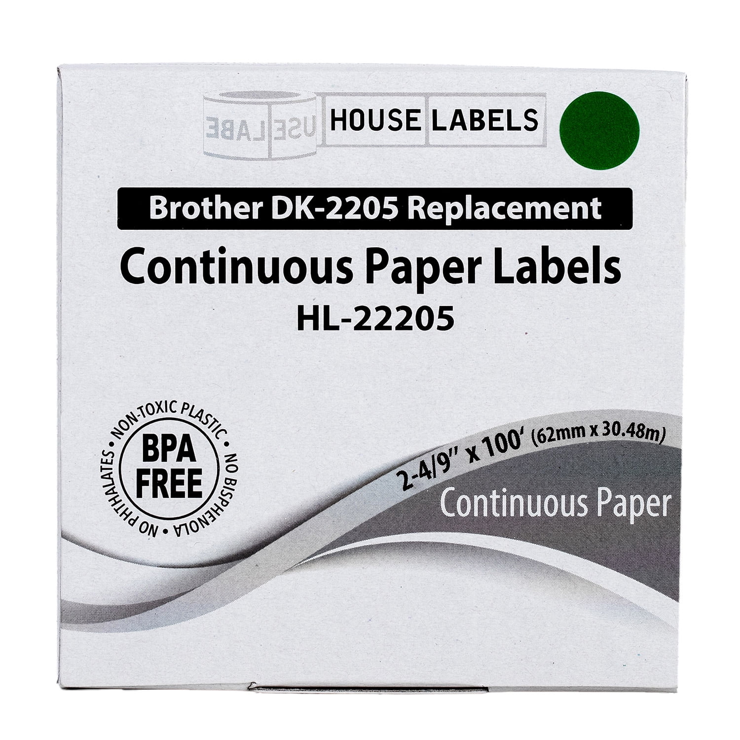 HOUSELABELS Compatible with DK-2205 Replacement Roll for Brother QL Label Printers; GREEN Continuous Length Labels; 2-4/9" x 100 feet (62mm*30.48m) - 32 Rolls