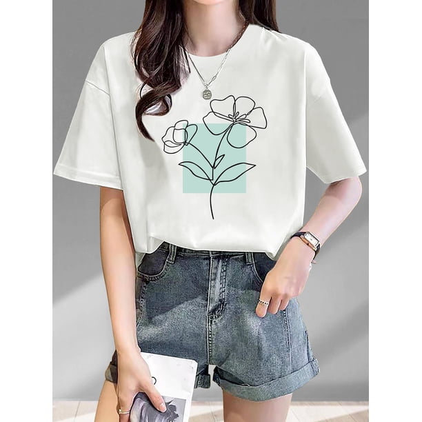 100% Cotton Women's Casual Crew Neck Floral Graphic with Slight Stretch and Minimalist Line Art Flower Print Tee For Adult, Men, Women, Teen, Teenager, Adolescent, Youth