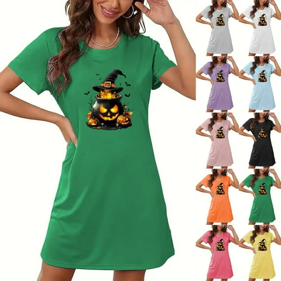 Meichang Halloween Dress for Women Nightgowns Pumpkin Print Sleepwear Sleep Shirt Crew Neck Short Sleeve Nightshirt Print Mini Sleepdress