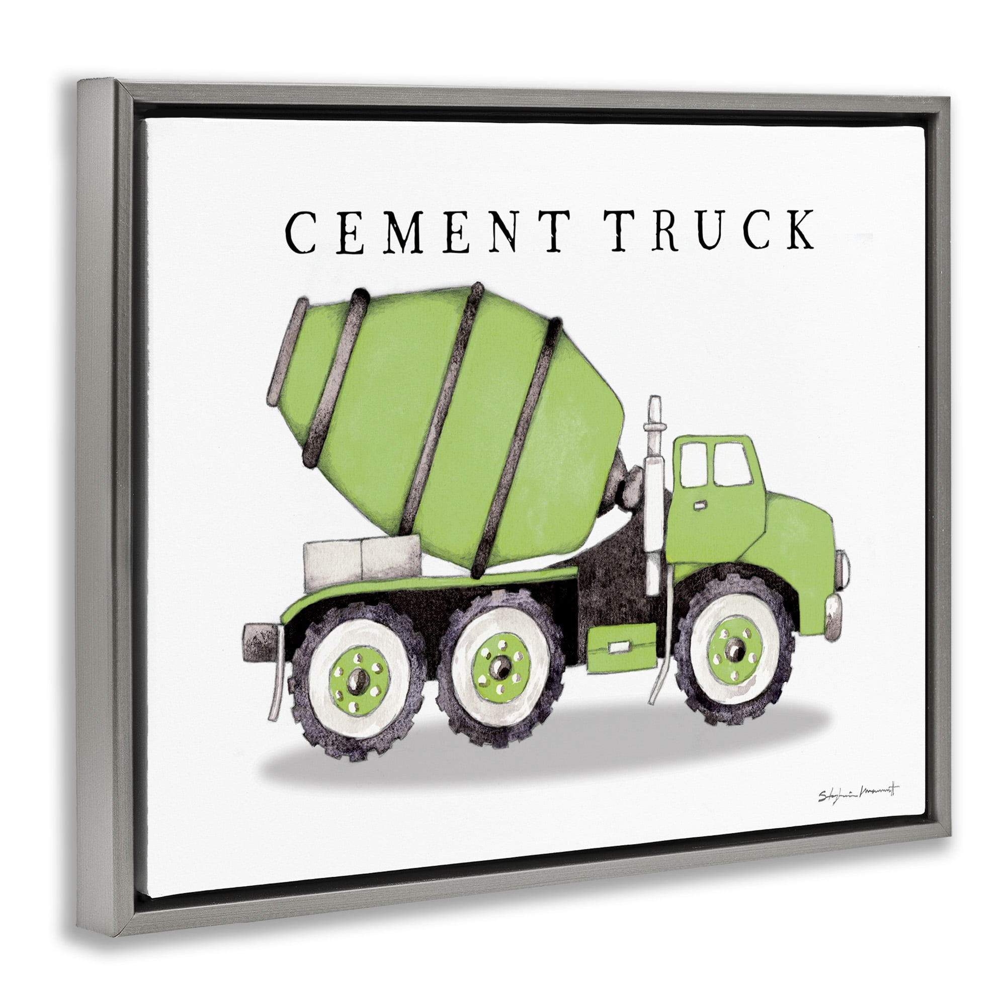 Stupell Industries Green Cement Truck Construction Art for Kids Painting Gray Floater Framed Canvas Art Print Wall Art, 21 x 17