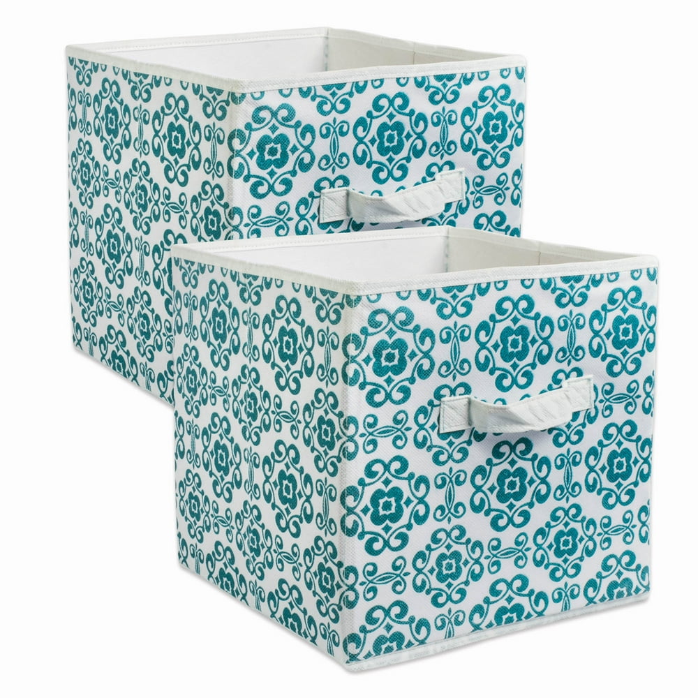 Set of 2 Teal Blue Nonwoven Polyester Cube Storage Bin with Scroll