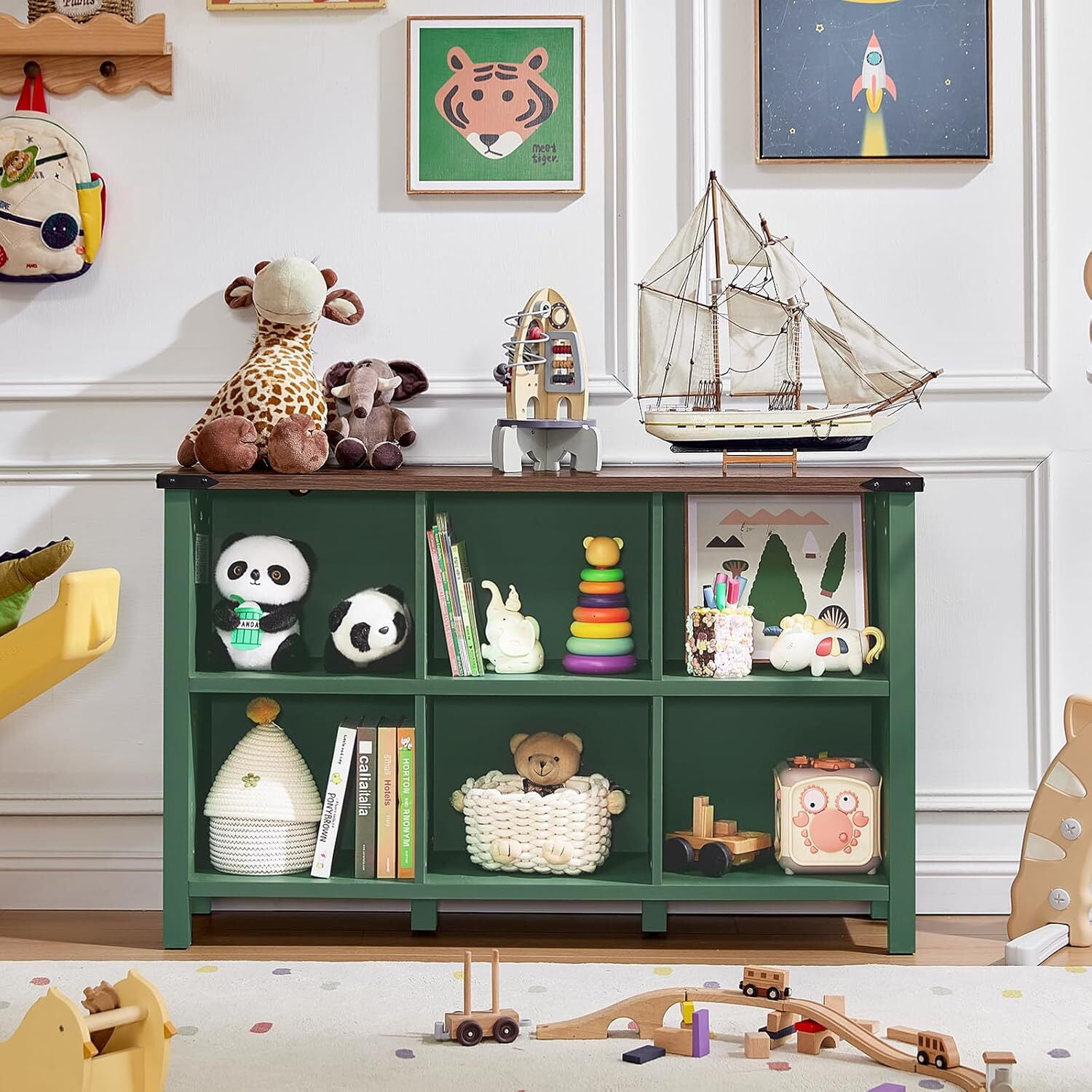 Joaxswe 6 Cube Storage Organizer, Farmhouse Green 47.2'' Wide 2 Tier Display Book Shelf, Wooden Cube Bookcase for Living Room, Bedroom, Office