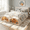 Beige, variant on Queen Size Upholstered Platform Bed Frame with Dual Cat Caves, LED Lighted Pet Nests at Footboard, Beige