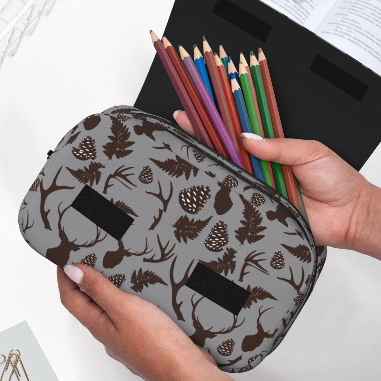 Rateoe Brown Moose with Pinecones Pattern Double Clamshell Pen Case, Storage Organizer with Two Zipper Compartments– Holds Up to 50 Pencils & Pens