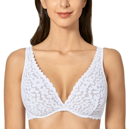 

DOBREVA Women s Lace Bralette Plus Size Sexy Plunge Unlined Minimizer Bra Underwire