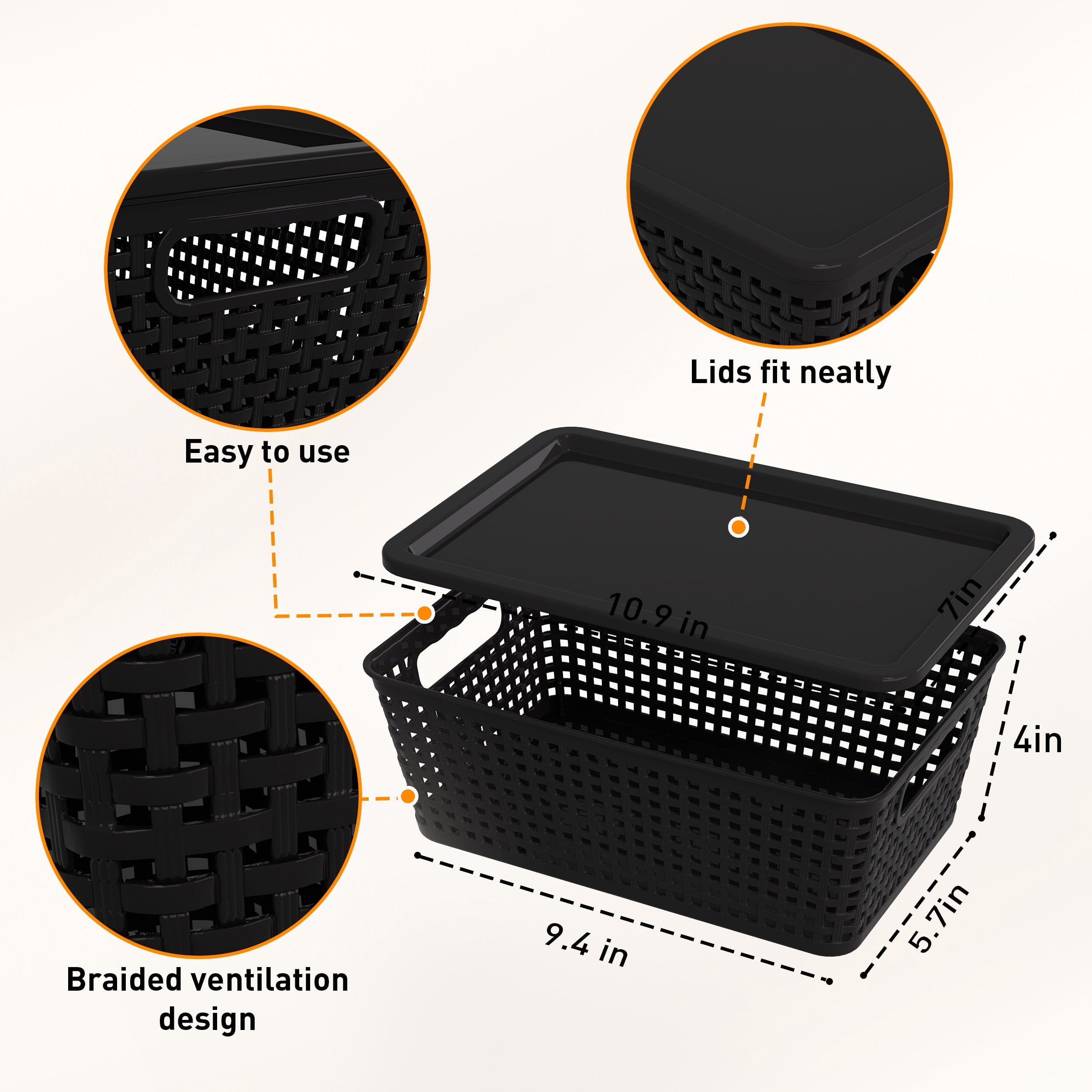 Small Plastic Storage Basket with Lid Handle 7x10.9x4 in Black 8 Pack