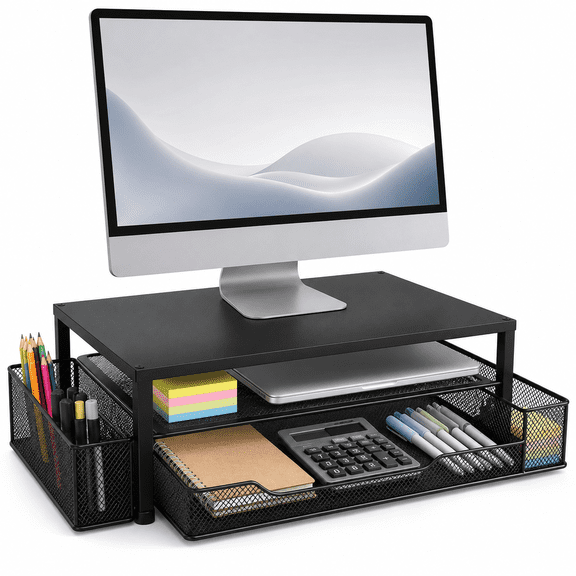2-Tier Computer Monitor Stand Riser With Drawer & 2 Pen Holders, Desk Organizer and Accessories for Laptop, Office Desk Accessories Organizers, Black