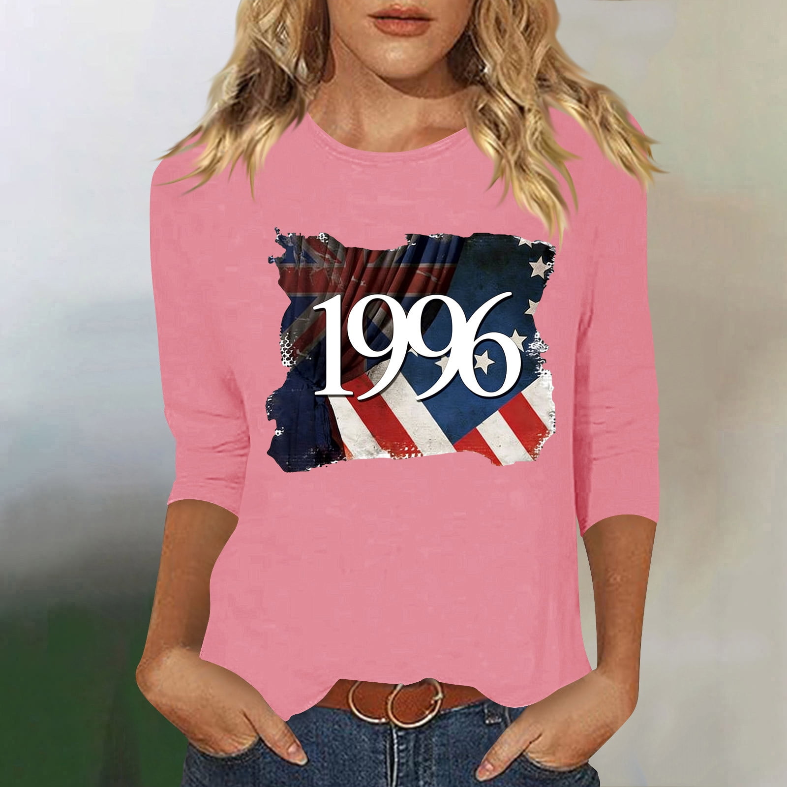 HOMBOM Womens T-Shirts Summer Graphic Tees Graphic 3/4 Sleeve Pink Retro 1996 Print Basic Crew Neck Tops for Ladies