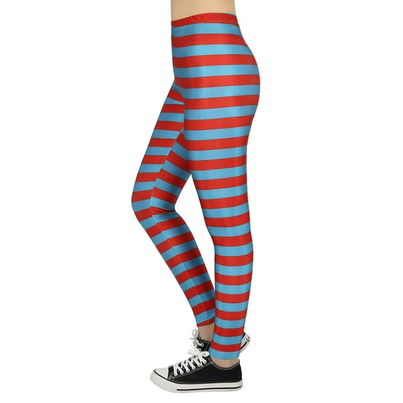 HDE Women Blue Red Stripe Leggings Thing Halloween 5K Theme Pants Workout Tights
