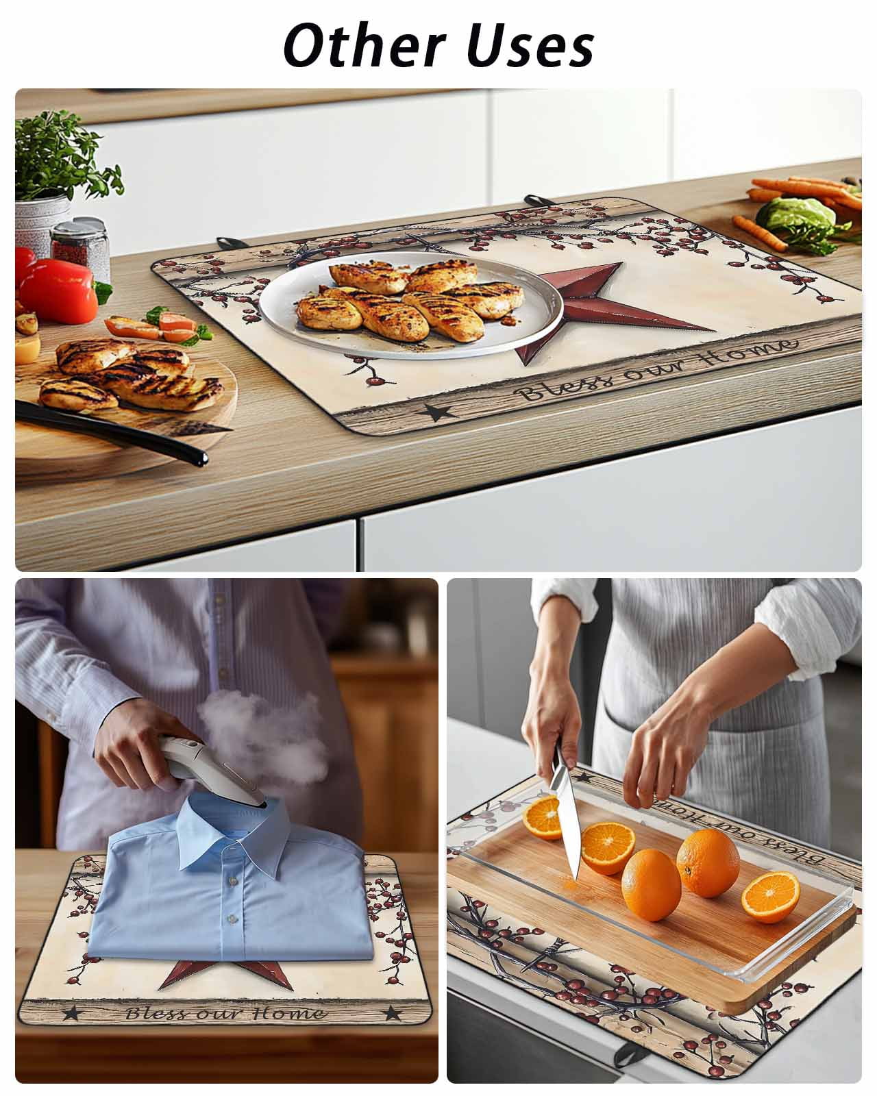 Stove Top Covers for Electric Stove, Red Texas Star Rustic Glass Stovetop Cover Protector, Country Star Berries Wooden Induction Cooktop Protector Oven Mat for Kitchen Countertop 24"x21"