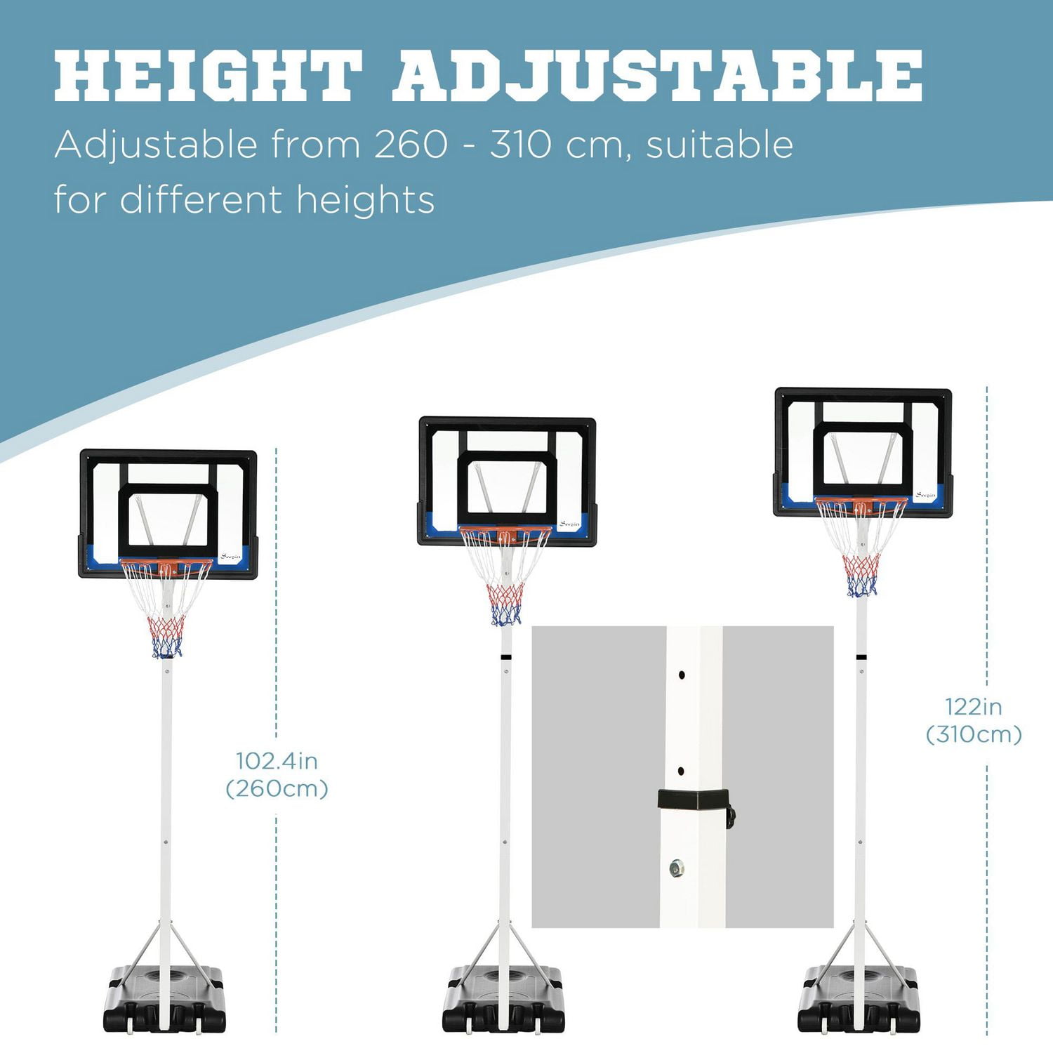 2.1-2.6m Basketball Hoop and Stand with Weighted Base, Portable on Wheels