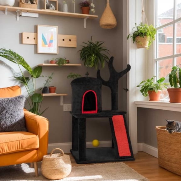 42" Gothic Cat Tree, Halloween Cat Tower Cat Tree with Spacious Cat Condo, Brach Shaped Scratching Post, Scratching Ladder, Spider Toy for Indoor Cats, Red & Black