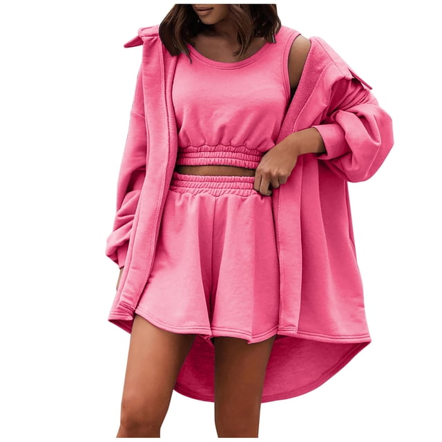 Conjuntos de ocio de 3 piezas para mujer, Tops abiertos en la parte delantera, Tops cortos y pantalones cortos, conjuntos cómodos de traje con cintura elástica Wmkox8yi bvn2665