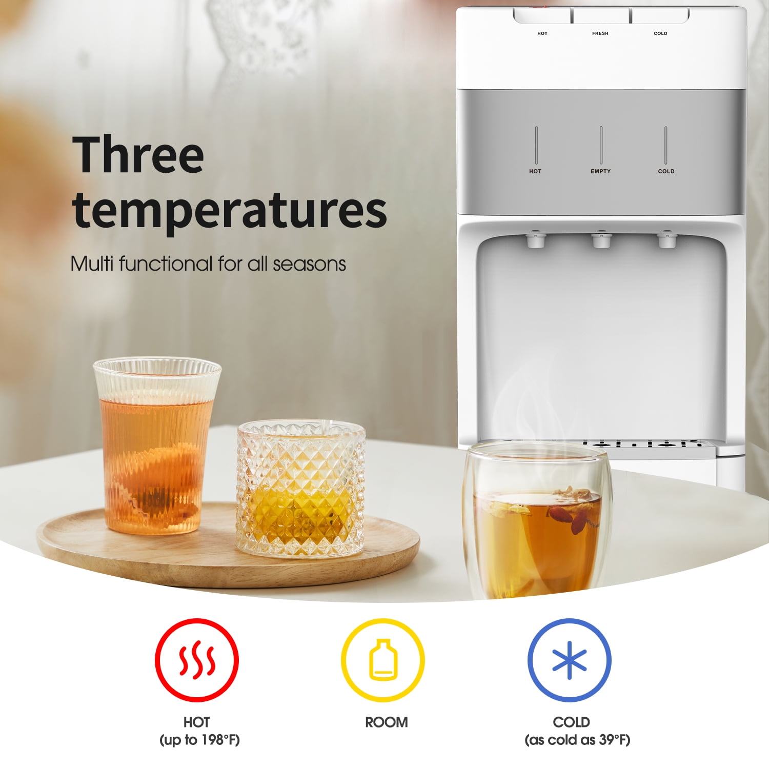 SOOPYK Bottom Loading Water Cooler Dispenser for 5 Gallon Bottle - 3 Temperatures (Hot/Cold/Room) with Child Safety Lock, Stainless Steel Tank, White & Silver, for Home & Office