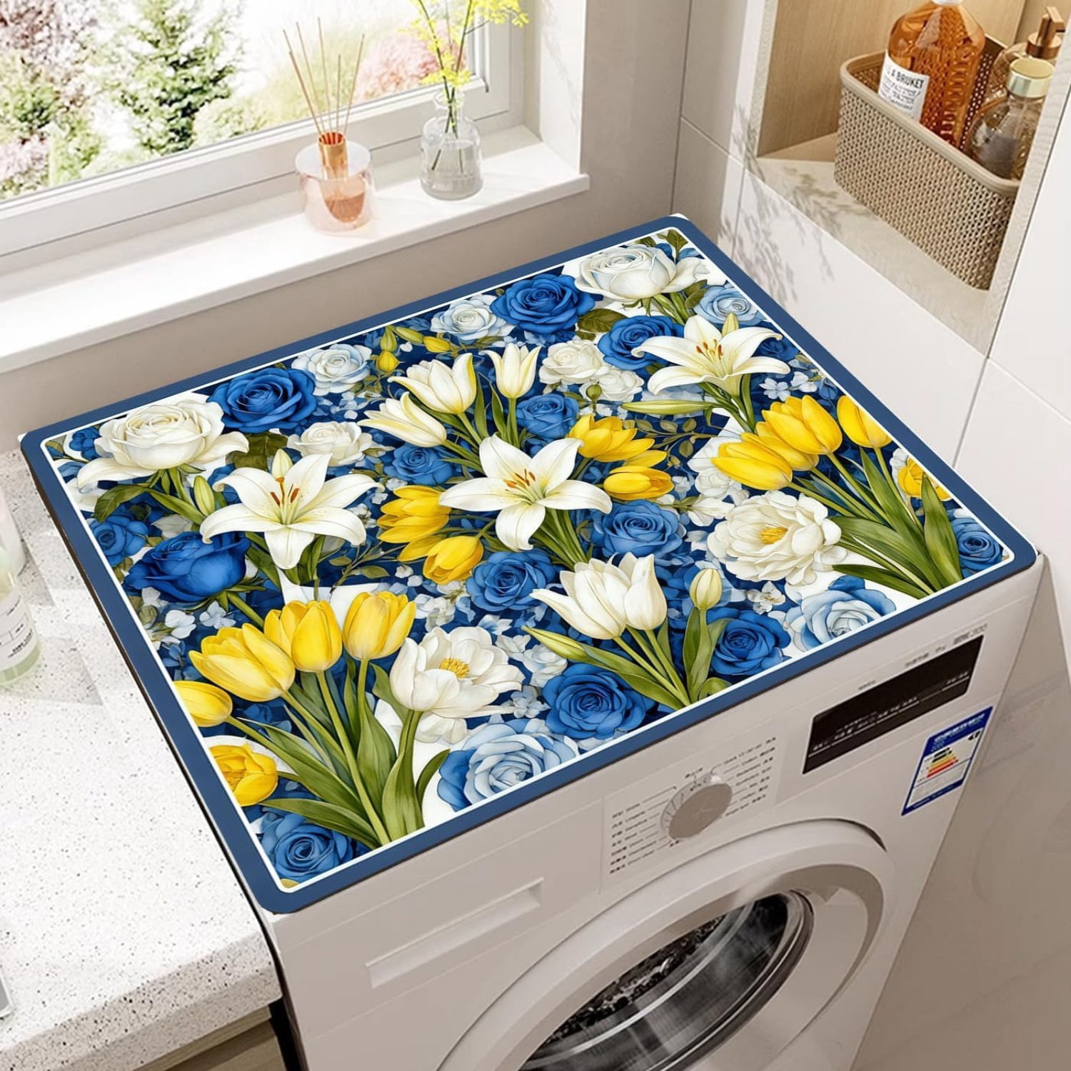 Flowers Washer Dryer Top Cover Mat Dust Cover Pad for Washer Dryer,Creative Anti-slip Washing Machine Top Protector Mat for Laundry Room (Laser Gilding, 23.6" x 19.7")