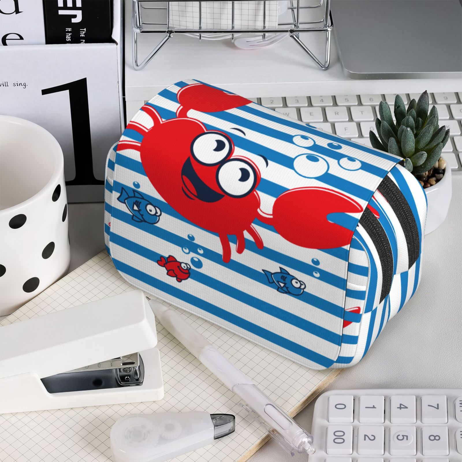 Rateoe Red Funny Crab on Blue Stripe Pattern Double Clamshell Pen Case, Storage Organizer with Two Zipper Compartments– Holds Up to 50 Pencils & Pens