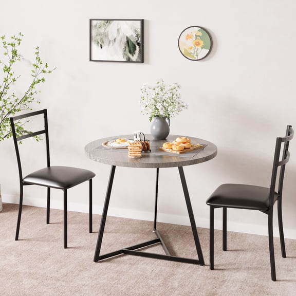 3-Piece Wooden Round Table & Chair Set,Small Kitchen Table For 2,Space Saving Kitchen Breakfast Nook with Metal Frame for Small Space Kitchen Dining Room