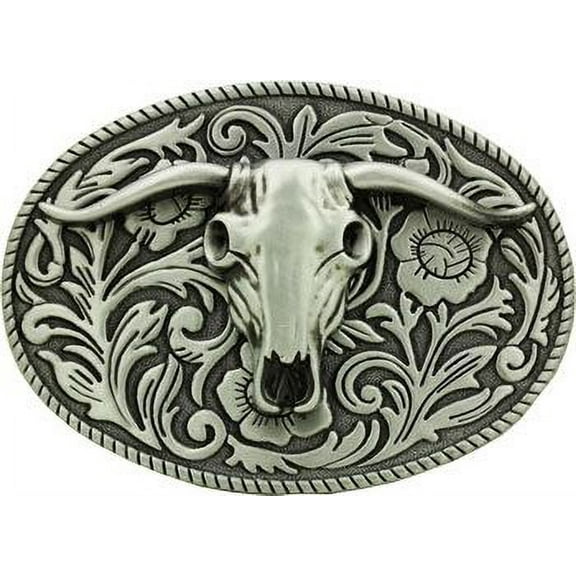 Western Bull Skull Belt Buckle Cowboy Cowgirl Rodeo Floral Design Grey 026