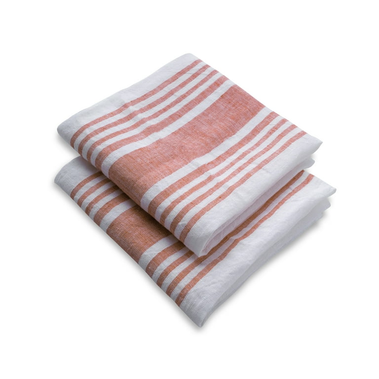 All Cotton and Linen Kitchen Towels, Linen Dish Towels, Striped Tea Towels,  Farmhouse Hand Towels, Absorbent Bulk Towels, White/Terracotta, Set of 2  18x28 