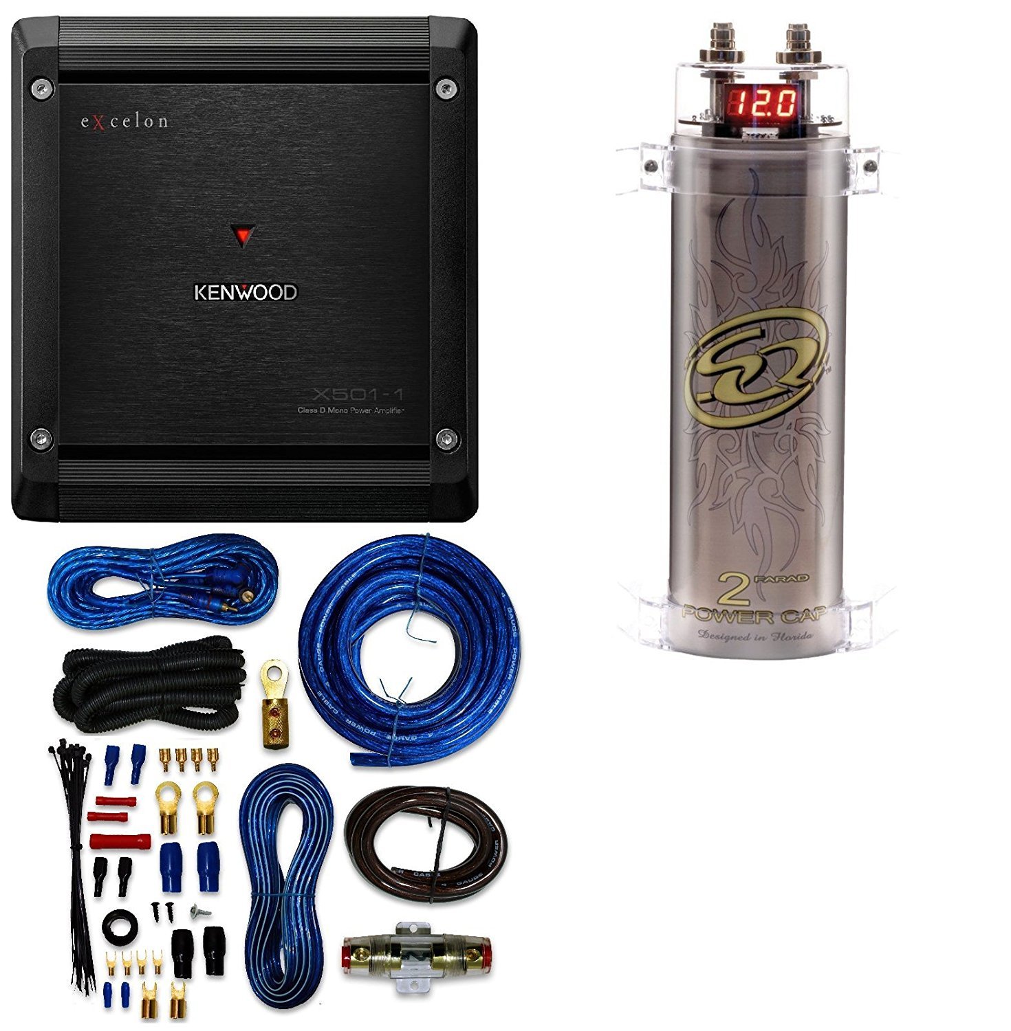 SQCAP2M Power Capacitor W/ 4 Gauge AMP KIT+ Kenwood Excelon X5011 Mono
