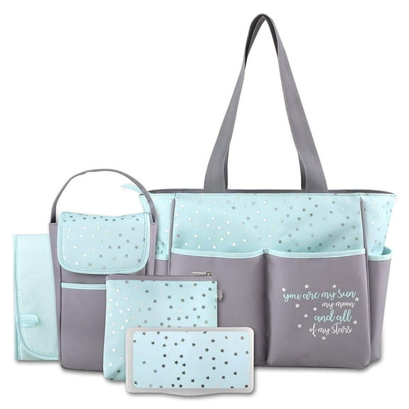 Juego de bolsas de pañales Tote Baby Essentials de 5 piezas, color gris y aguamarina