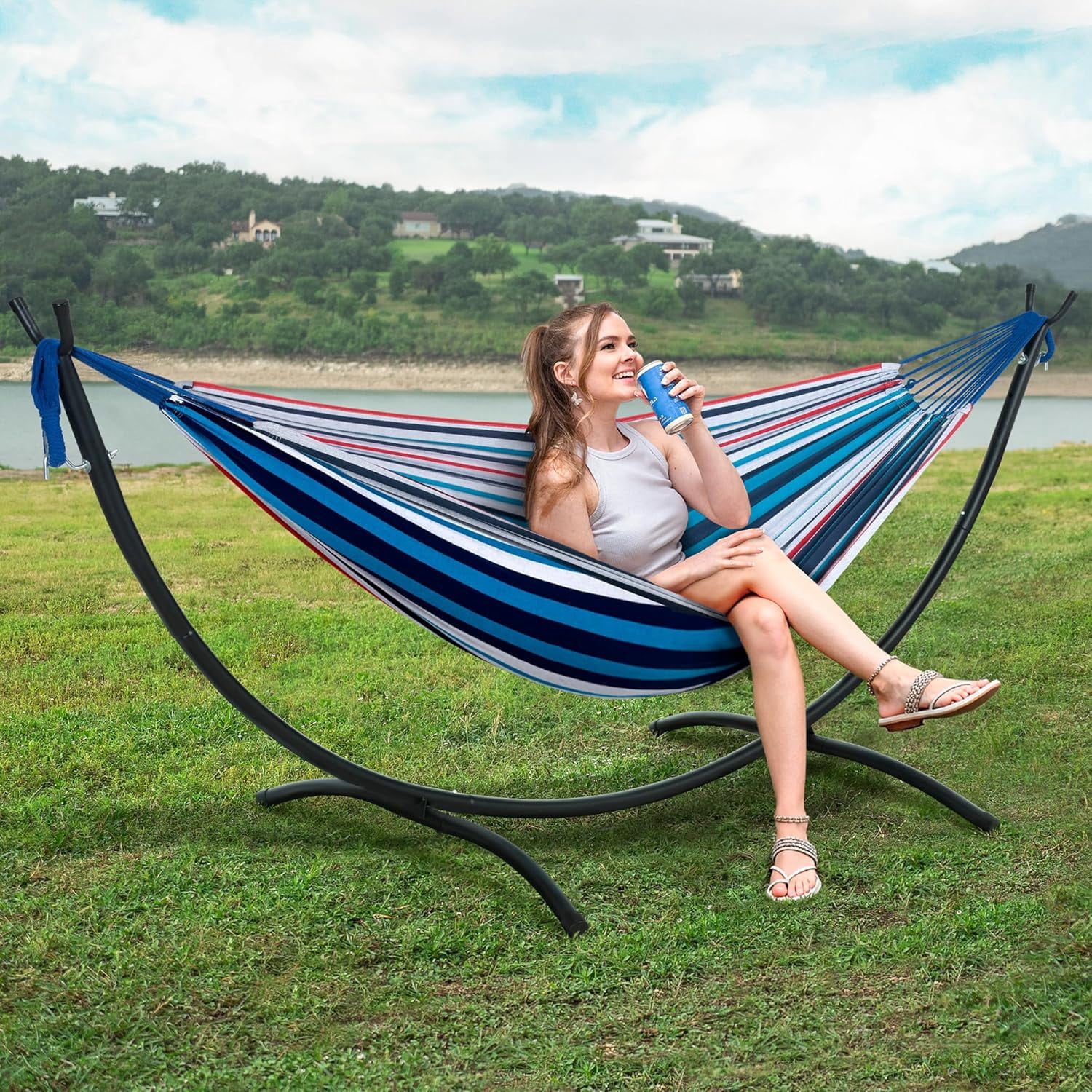 SUNCREAT Hammocks for Outside with Stand, Porch Hammock and Stand, 475 lbs Capacity, Blue & Red Stripes