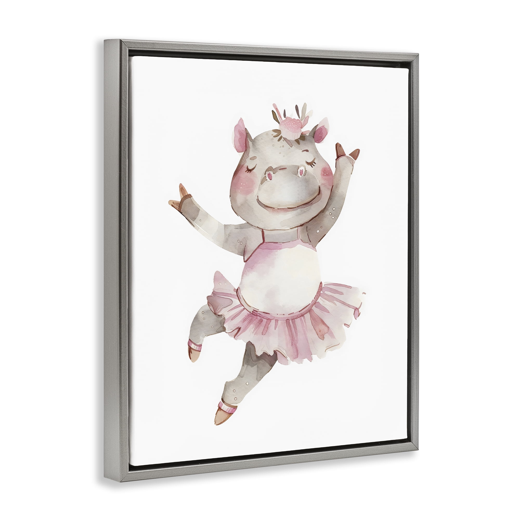 Stupell Industries Ballerina Hippo in Tutu Gray Framed Floater Canvas Wall Art, design by LSR Design Studio