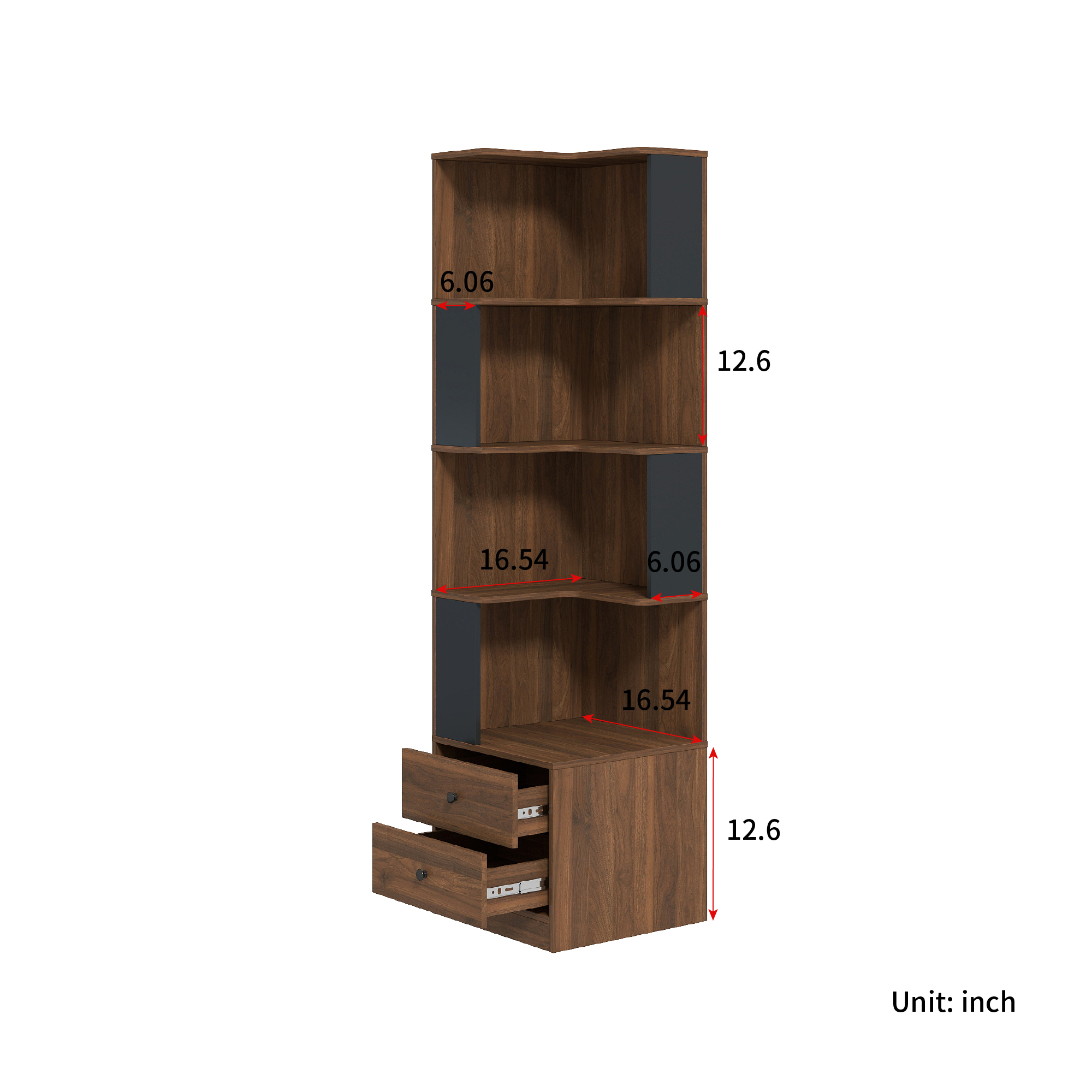69" Tall Corner BookShelf with Drawers, 4-Tier L-Shaped Bookcase with Baffle and LED Lights