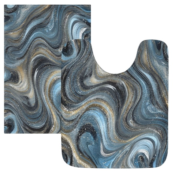2 Piece Soft Bathroom Rug Set Swirling Metal and Marble Pattern Bath Mat and U-Shaped Toilet Contour Rug (16"x24" 20"x24")