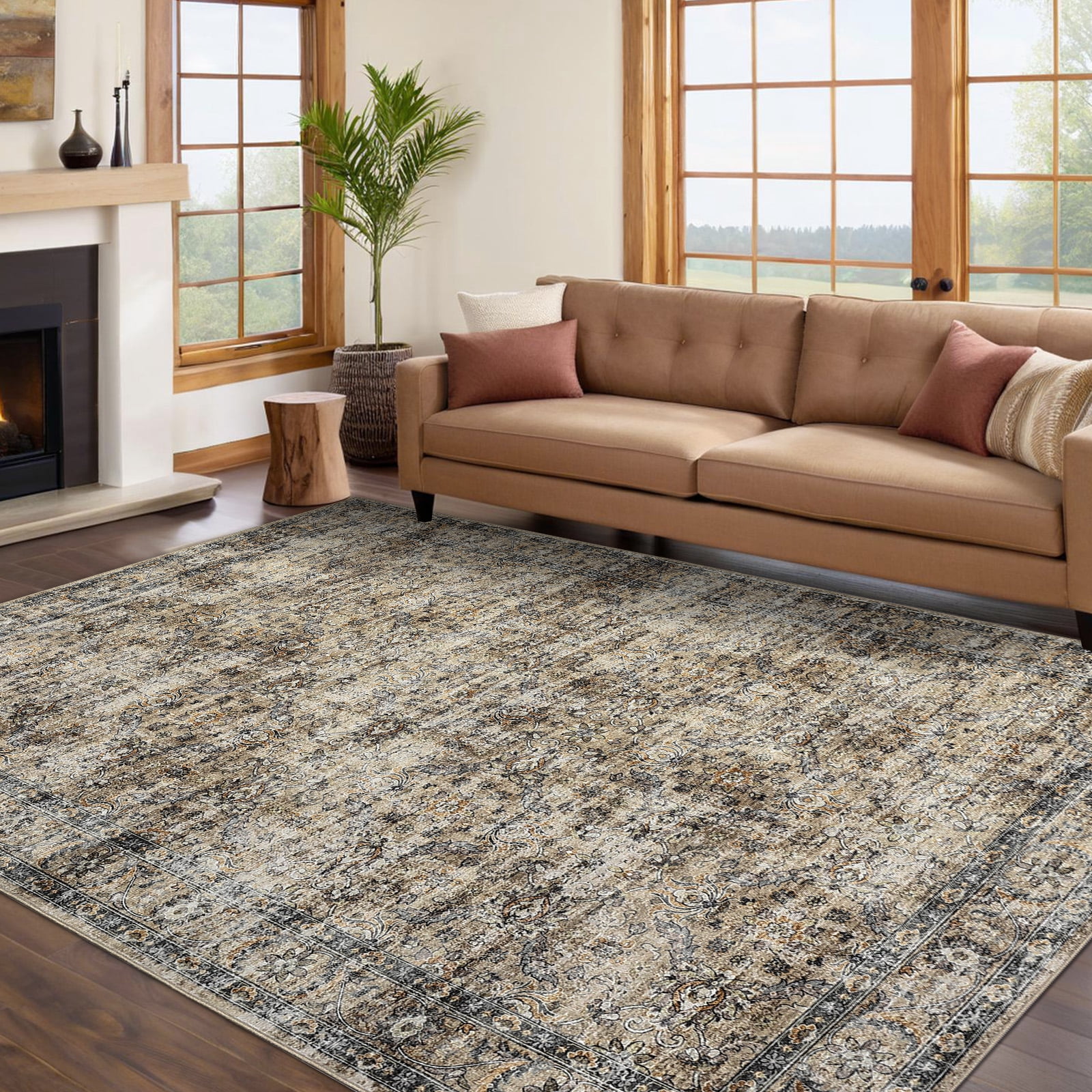 Haperlare 9'x12' Vintage Floral Area Rug Soft Oriental Carpet, Washable Rug Non Slip TPR Backing Low Pile Rugs for Living Room Bedroom Home Office, Brown