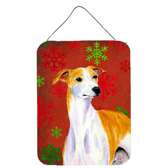 Whippet Red and Green Snowflakes Holiday Christmas Wall or Door Hanging Prints