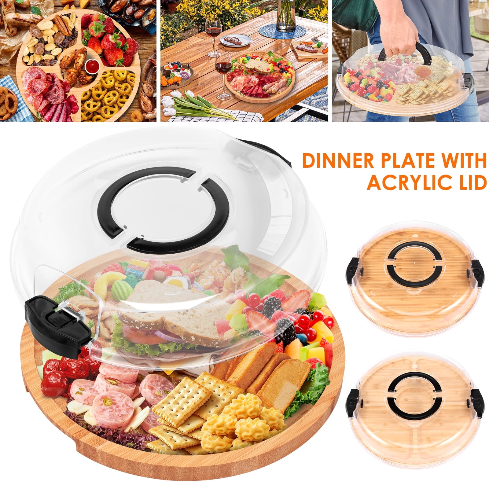 Ihvewuo Cheese Board Covered Fruits Platter Serving Tray Round Charcuterie Board with Lid Large Capacity Divided Design for Party Picnic Camping