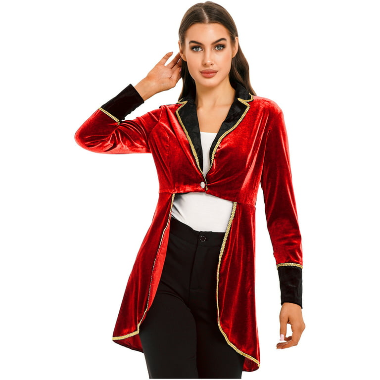 YEAHDOR Womens Showman Tailcoat Costume Circus Ringmaster Tuxedo Jacket  Halloween Velvet Swallow-Tailed Coat Party Wear A Red M 