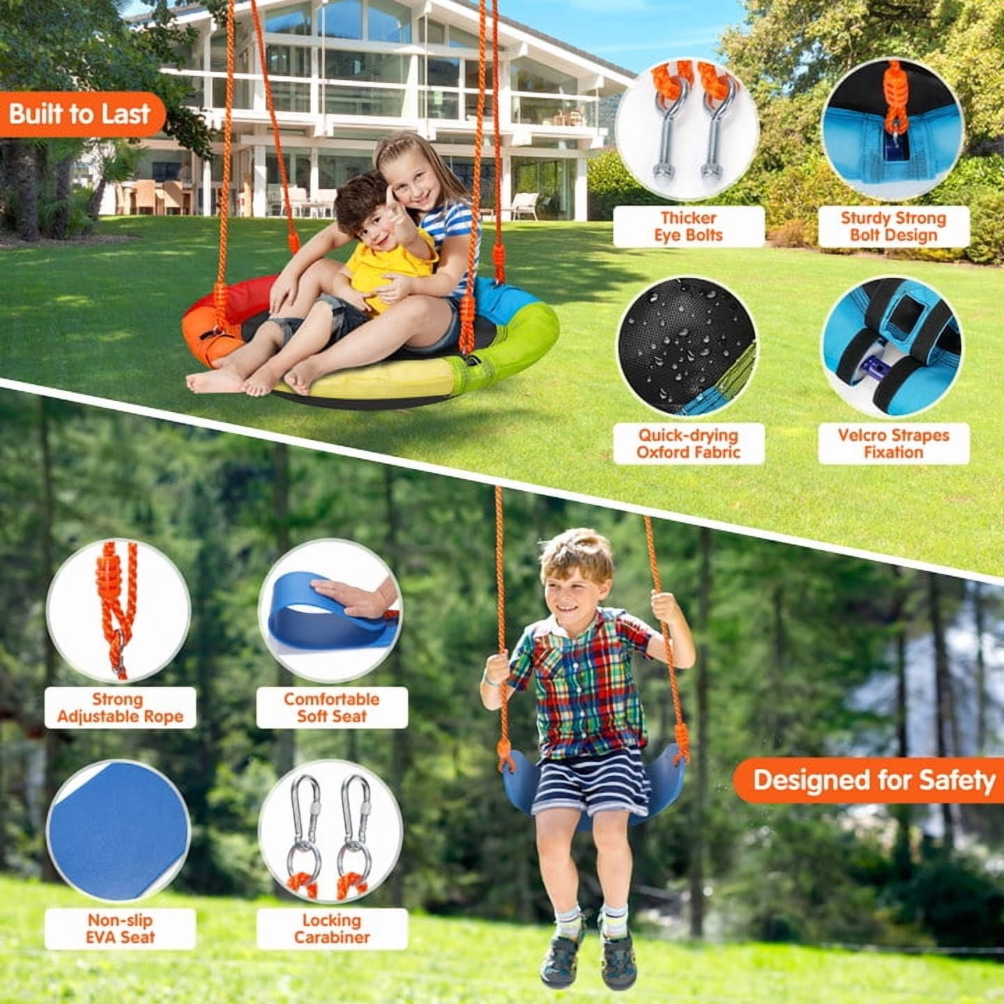 GIKPAL 3-in-1 Swing Set, 550 lbs Swing Set for Outside, Heavy Duty Metal Swing with A-Frame, Waterproof material, Adjustable Ropes Round Swing for Backyard