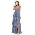 thumbnail image 1 of Vestido de dama de honor Dessiny azul acero con volantes escalonados en chifón, 1 of 7