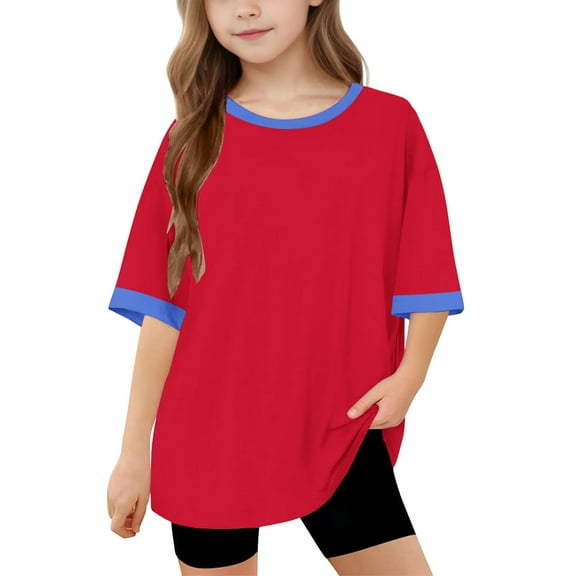 Einccm Girls Short Sleeve T-Shirts, Kids Unisex Loose Fit Contrast Trim Crewneck Casual Tops, Soft Cotton Blend Fashion T-Shirt for Boys and Girls 5–15 Years Everyday Wear