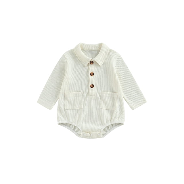 ZAXARRA Baby Girl Autumn Button Romper Solid Color Long Sleeve Lapel Waffle Playsuit Fall Winter Clothes