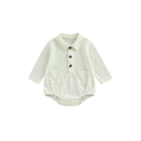 

Newborn Baby Girl Boy Clothes Solid Color Long Sleeve Romper Lapel Neck Button Down Onesie Fall Winter Outfits