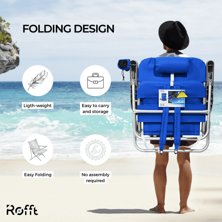 ROFFT Beach Chair Aluminum Lightweight Big boy 5 Positions Folding Backpack Camping Chair with Cooler Cup Holder Storage Pouch and Phone Holder Deep