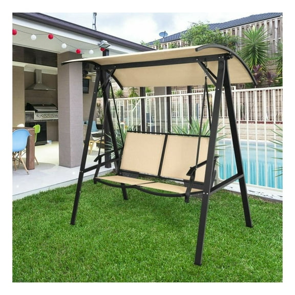 2 Person Patio Swing with Canopy - Weather Resistant Outdoor Glider - Adjustable Shade Swing Chair for Porch, Deck, Garden, Beige/Turquoise - 530 Lbs Capacity