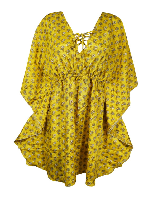 Mogul Womens Short Caftan Dresses Yellow Floral Printed M-XL