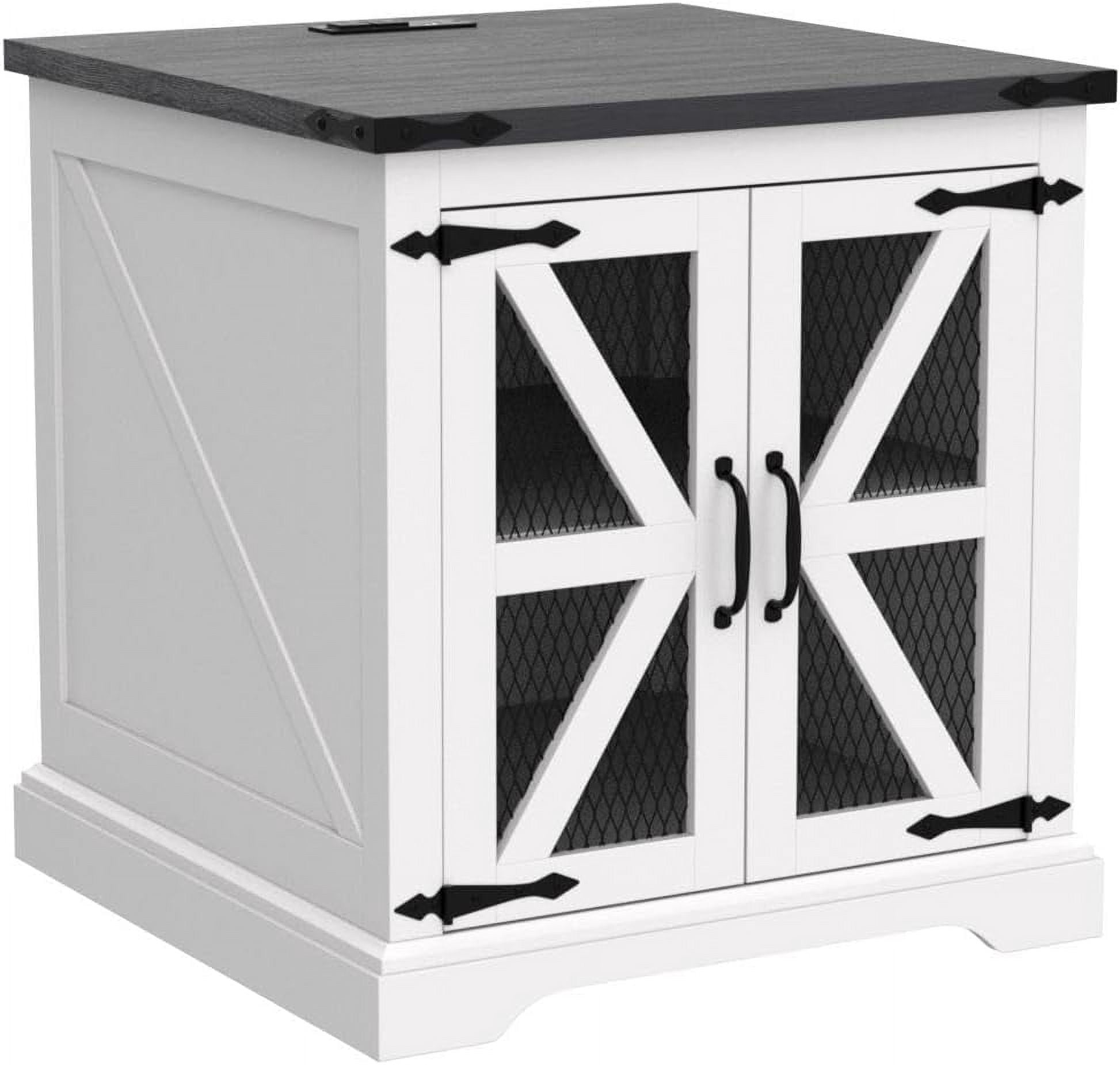T4TREAM Farmhouse End Table with Charging Station, Side Table with Mesh Door & Storage Shelf Nightstand for Living Room Bedroom, White,Wood Tabletop