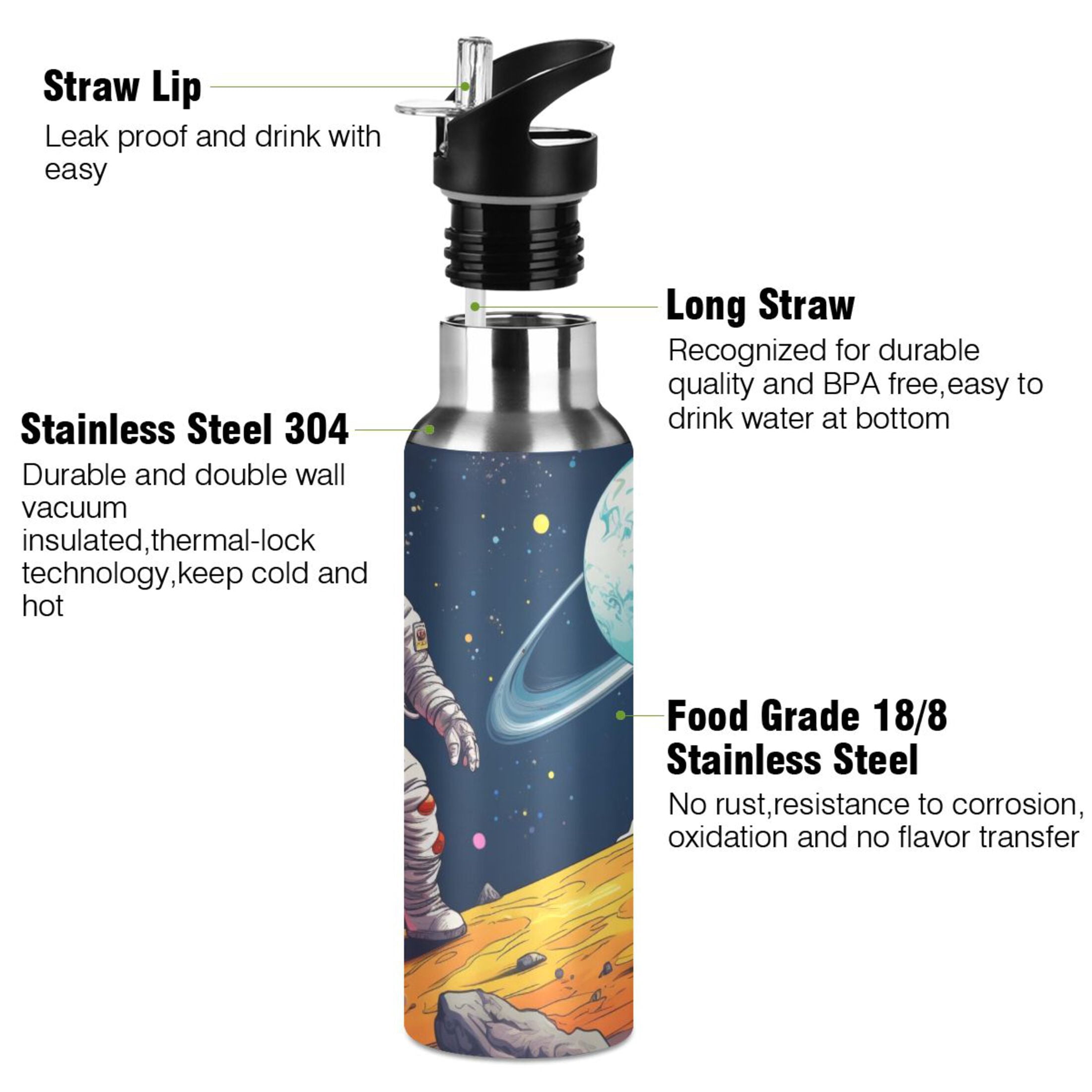 OREZI Stainless Steel Water Bottle Astronaut Walk on Planet 20oz/600ml Double Wall Vacuum Insulation Leakproof for Sports Travel
