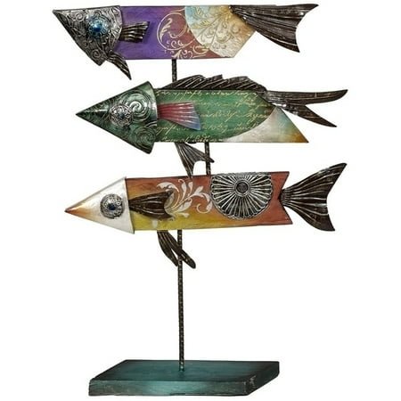 Metal & Capiz Shell Art 3 Wooden Fish Jewel Tone Stand 16x21