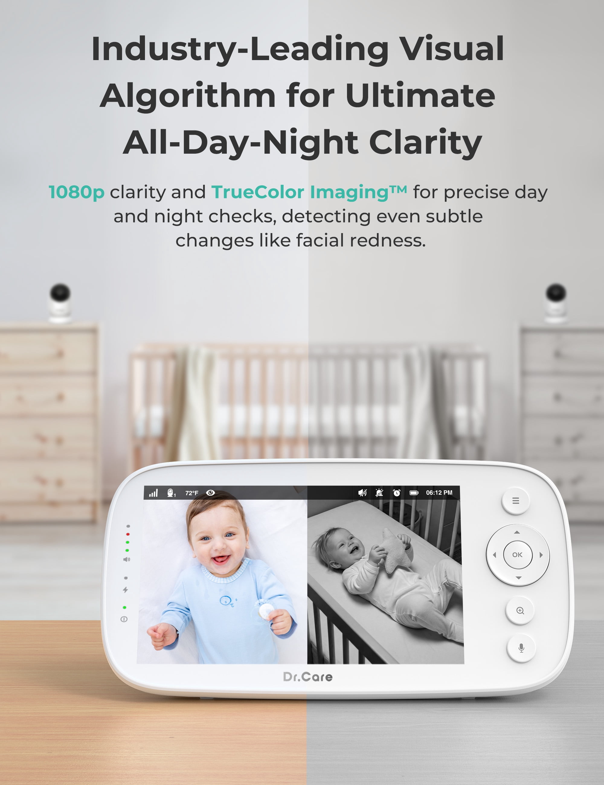 Dr.Care 5" 1080P Split-Screen Video Baby Monitor, Clear Night Vision, 5000mAh Battery, Real-Time/VOX, 2X/4X Zoom, 2-Way Audio, No WiFi Baby Camera